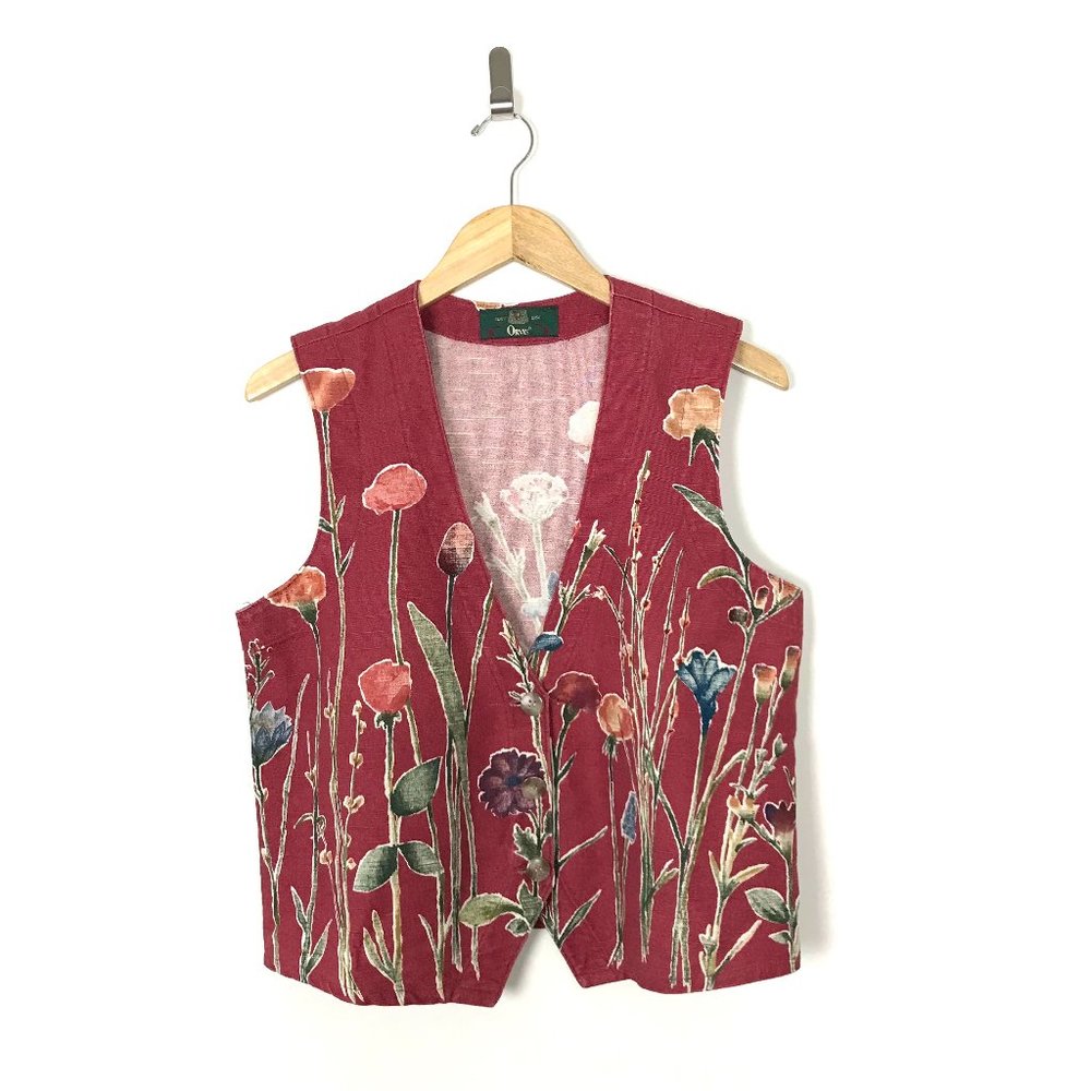 Vintage orvis vest red floral button front cotton linen blend women’s medium